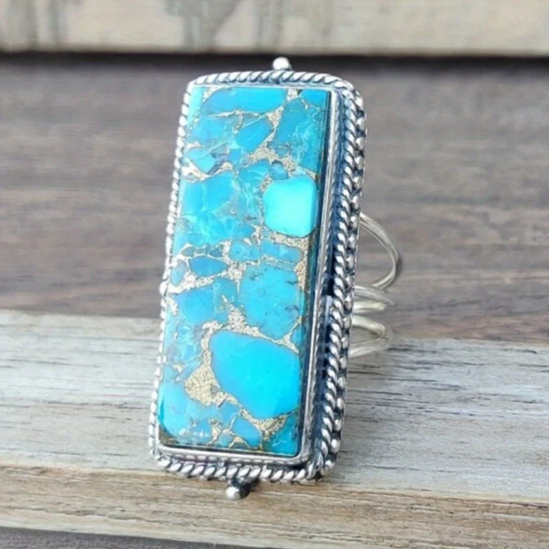

Винтажное квадратное кольцо с имитацией бирюзы для женщин, серебристого цвета, с ручной резьбой, для повседневной носки, вечеринок, ювелирное украшение, подарок на годовщину