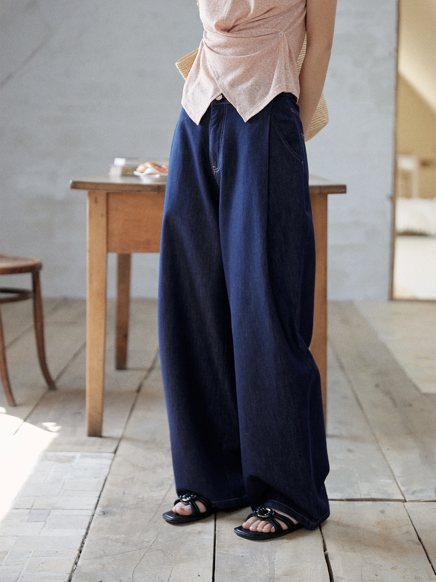 

MIXABO Vintage Deep Blue Denim Jeans Women's Summer Basic High Waist Loose Wide Leg Long Pants Jeans Style Bend Knife Pants