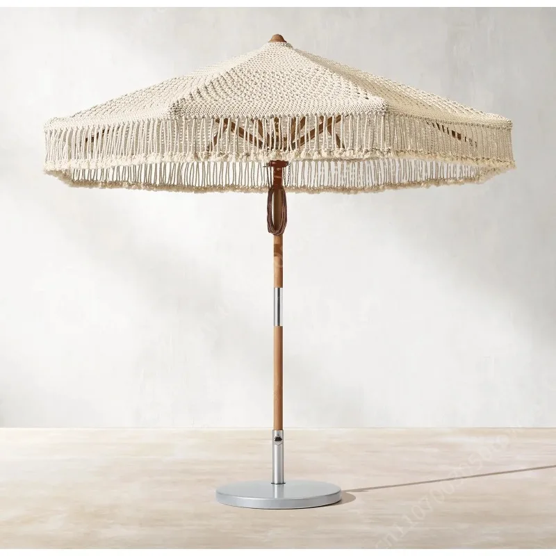 Macrame Woven Patio Umbrella with Fringe Tassels, Boho Style Outdoor Umbrella, Beige Tassel Umbrella for Garden & Beach