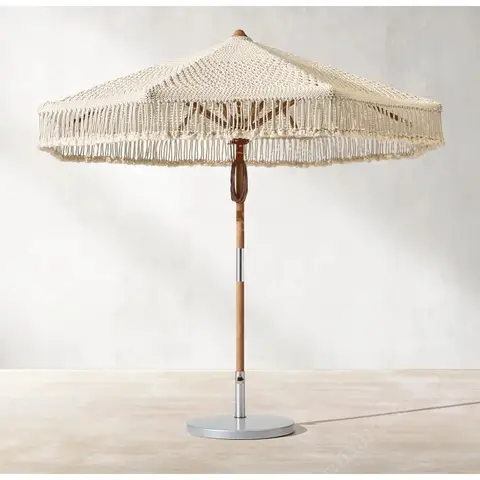 Macrame Woven Patio Umbrella with Fringe Tassels, Boho Style Outdoor Umbrella, Beige Tassel Umbrella for Garden & Beach