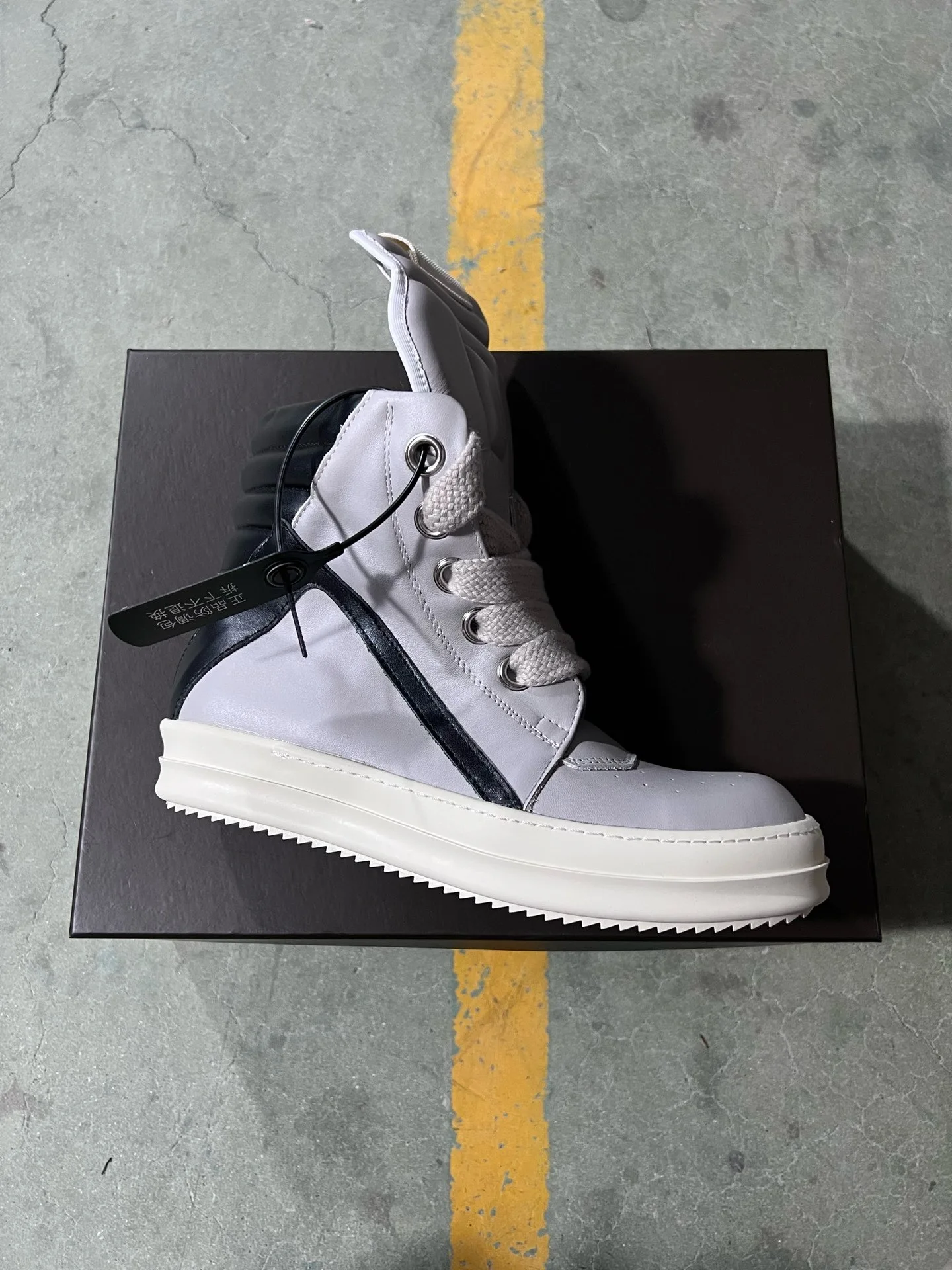 Ricks Genious Grey Leather Jumbo Lace High Top Geobasket Owens Quality Men Shoe Women Sneaker Casual Owens Design boots & Shoes