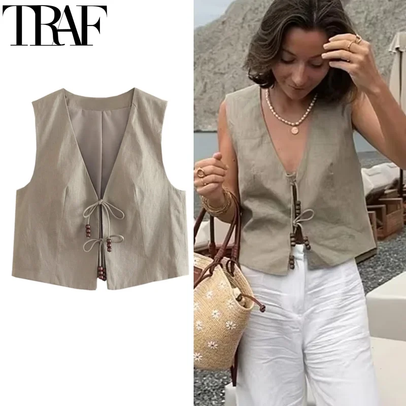 TRAF Woman Vest Tied Sleeveless Vests For Women Outerwears Office Wear Cropped Suit Vest Ladies Khaki Waistcoat Short Black Vest