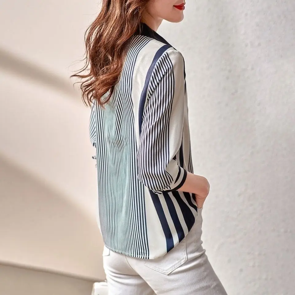 Striped Color Blocked Long Sleeved Chiffon Shirt for Women\'s Spring Autumn New Commuting Temperament Loose Versatile Shirt Top