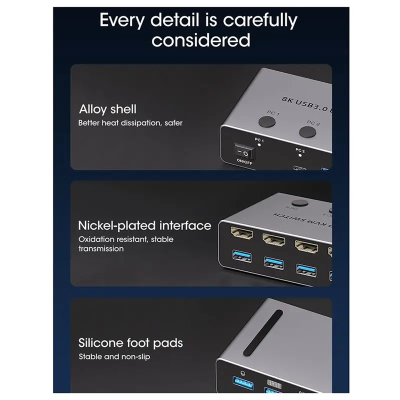 AS95 KVM Switch USB 3.0 8K@60Hz 4 Computers 1 Monitor Supports Keyboard Mouse Hard Drives Printer EU Plug