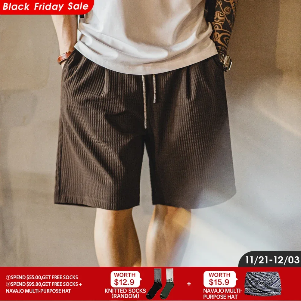 Maden Men's Summer Shorts Wrinkle-Resistant 3D Grid Pattern Straight-Fit Bermuda Shorts with Elastic Waist Short Pants