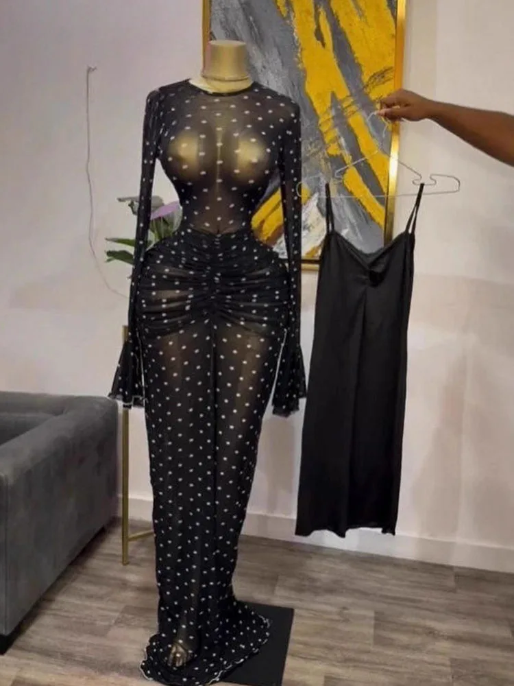 여성용 화려한 봄 드레스, 우아한 플레어 긴 소매, 곡선미를 살린 플로킹 드레스, 메쉬 투명 보헤미안 맥시 드레스, 슬링 안감 포함