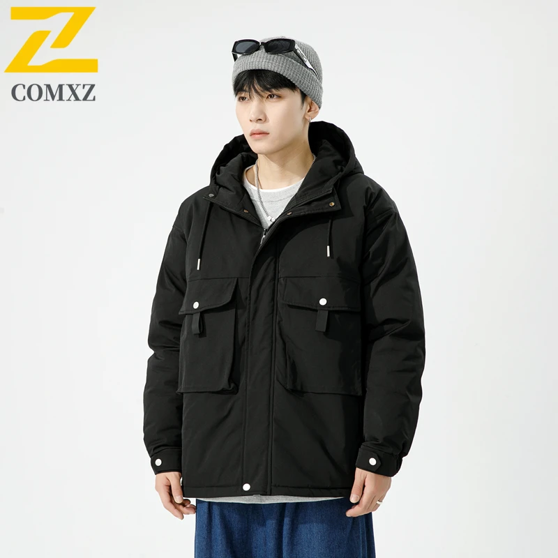 

2025 Winter Jacket Men's Short Lightweight Warm Windproof Hooded Parka Coat Travel Outdoor Ski Multi-Pocket Cotton Padded Coat
