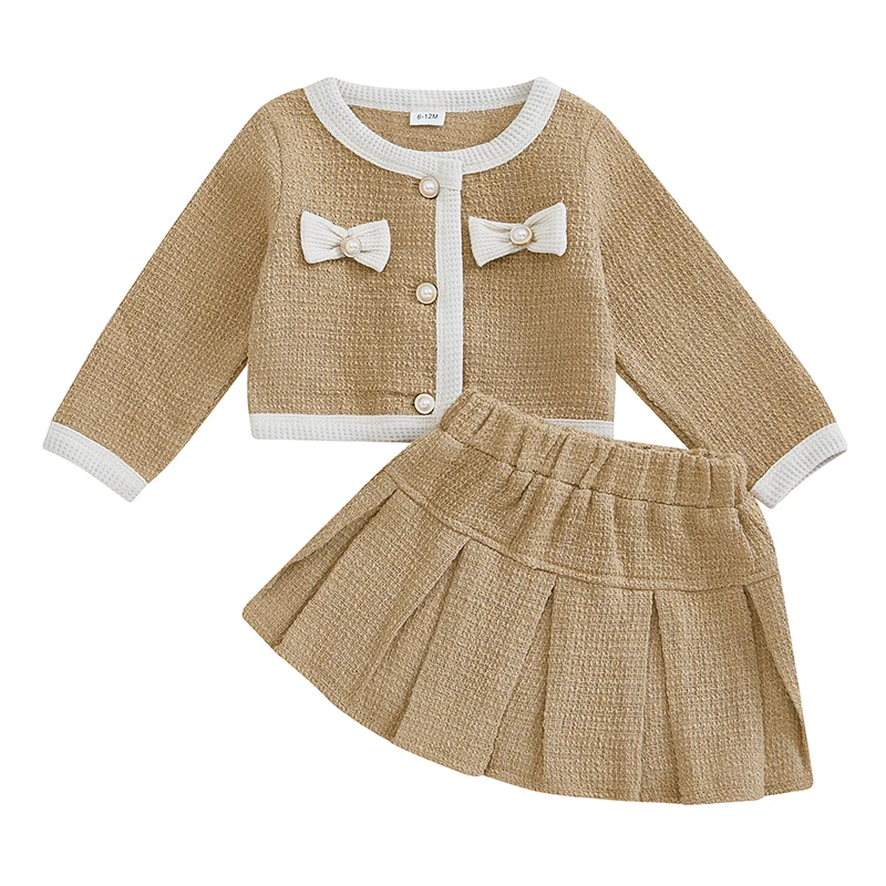 

Toddler Girl Fall Outfit Pearl Bow Long Sleeve Button Down Jacket Elastic Waist Pleated Skirt 2 Piece Set