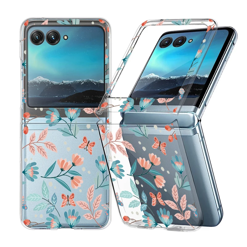 Flowers Pattern Transparent Phone Case For Motorola Razr 50 40 Ultra Razr40 Razr50 Clear Folding Shockproof Bumper Hard PC Cover