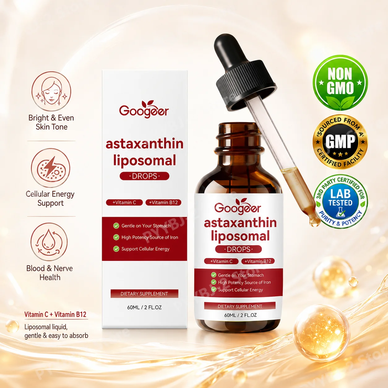 Googeer Astaxanthin Liquid Drops with Vitamin C Vitamin B12 and Iron, Daily Nutritional and Beauty Support Formula, 60ml 2 Fl Oz