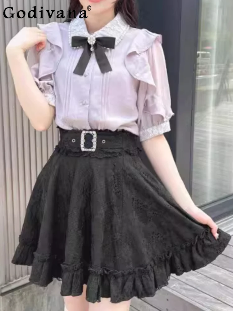 

Large Size Japanese Pearl Collar Lace Short Sleeve Shirt Sweet Girl Versatile Fashion Age Reduction Splicing College Shirts