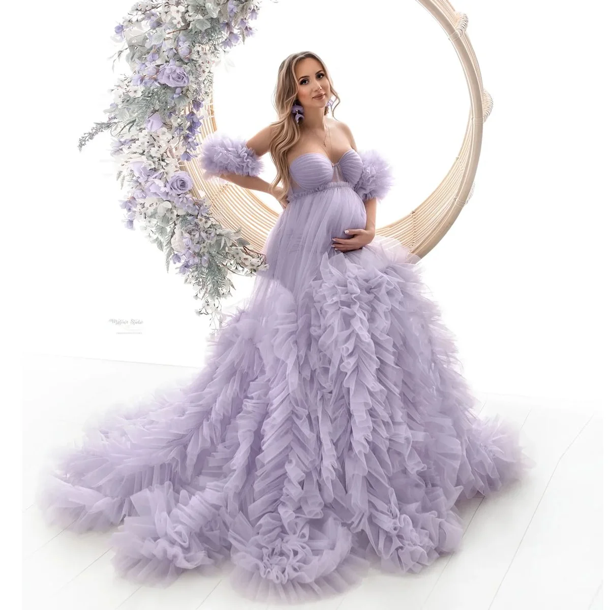 Dream Lilac Ruffled Tulle Maternity Dress for Photo Shoot Sweetheart Lush Woman's Baby Shower Gown Photography Maternity Dresses