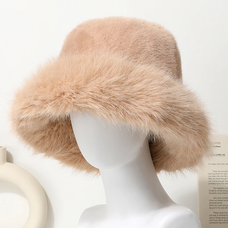 Große Faux Pelz Eimer Hut für Frauen Dicke Plüsch Warme Schöne Flauschigen Winter Hut Dame Luxus Mode Pelzigen Panama Fischer Kappe – Detail 18