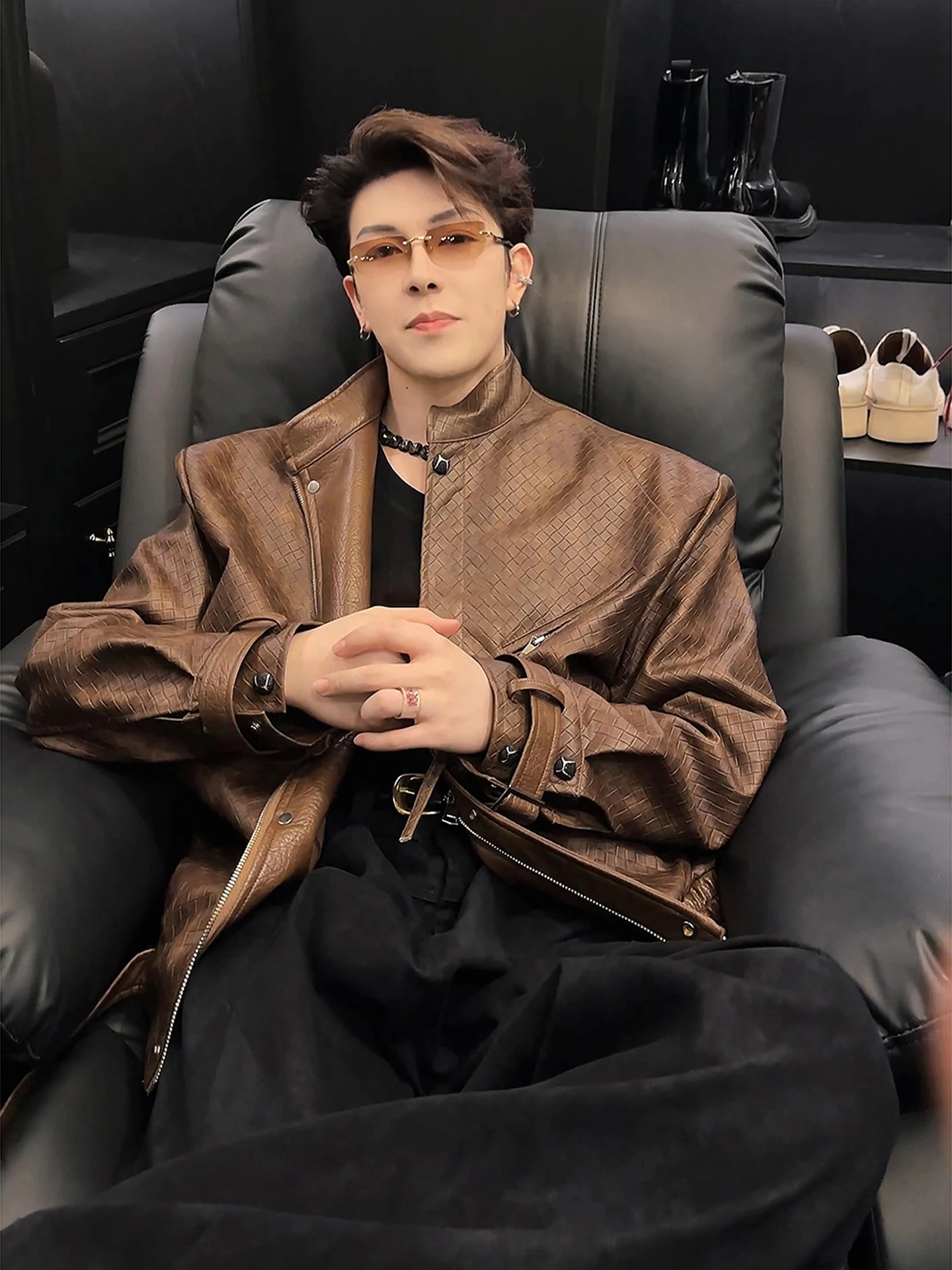 

American Retro Padded oulder Leather Jaet Men's Sle Autumn Design Knitted Stand Collar Jaet Trendy Cool Motorcycle Cl...