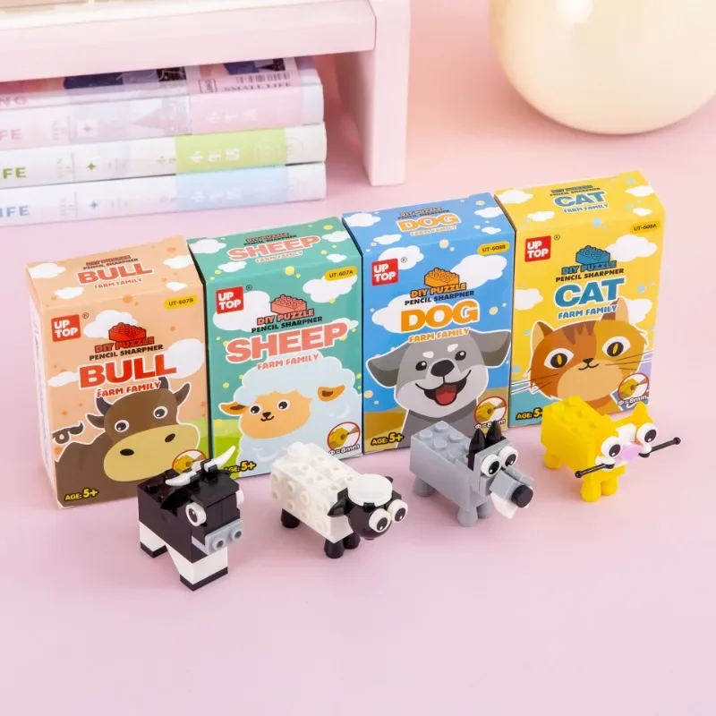 1pcs Cartoon Animal Series Cat/Dog/Sheep/Cow DIY Building Block Assembly Pencil Knife Children's Favorite Stationery