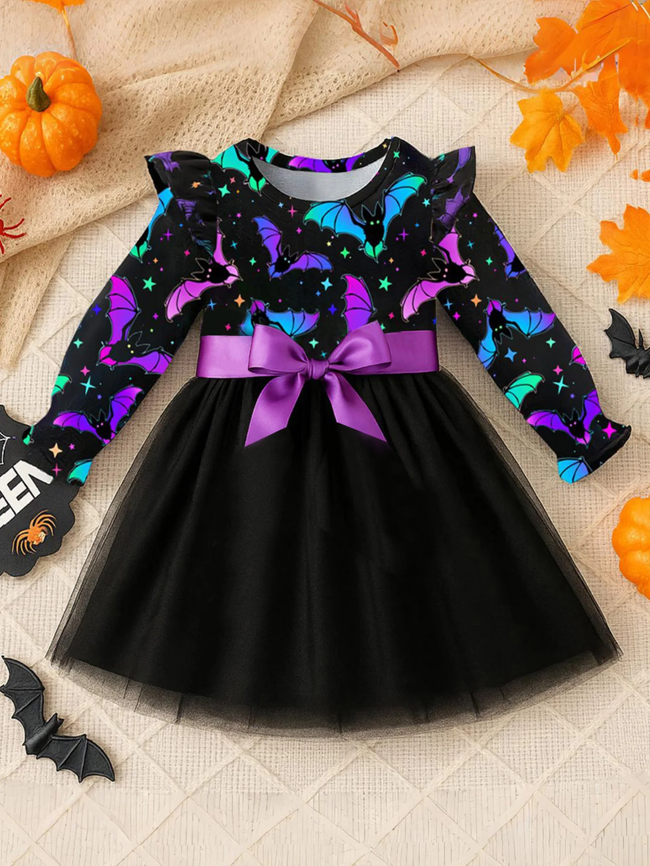 Halloween Girls' Long Sleeved Dress, Cartoon Bat Reflective Printed Mesh Princess Children's Party Dress
