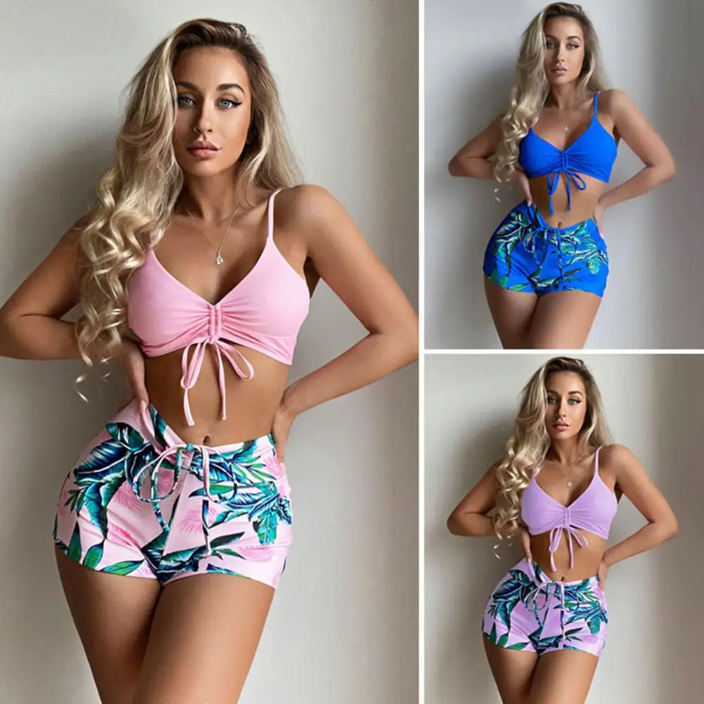 2Pcs/Set Bathing Suit V-neck Drawstring Solid Color Printing Bikini Set Women Sling Bra High Waist Shorts Set Beachwear