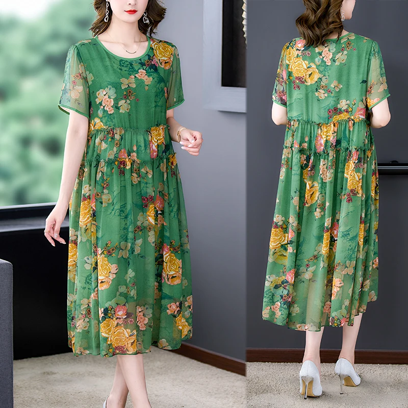 Women Green Floral Silk V-Neck Midi Dress 2024 Boho Fashion Light Casual Beach Dress Summer Korean Elegant Bodycon Party Dress