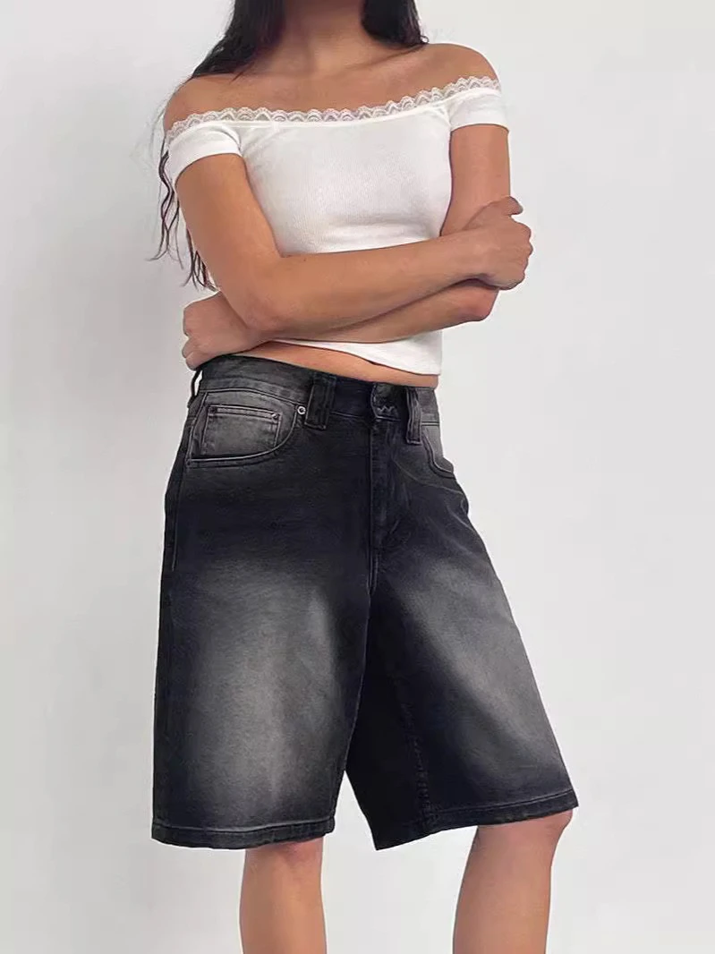 

Американские винтажные джинсовые джинсы с завышенной талией, женские летние новые тонкие прямые брюки с высокой талией и широкими штанинами, модные брюки пяти четвертей