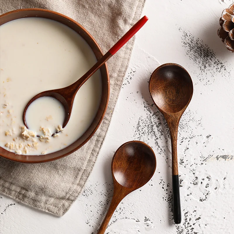 2Pcs Wooden Spoon Small Dessert Spoon Kids Rice Soup Spoon Tableware Long Wood Teaspoon Honey Coffee Drink Stirrer Mixing