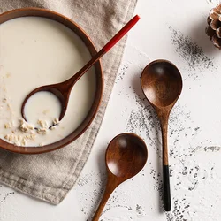 2Pcs Wooden Spoon Small Dessert Spoon Kids Rice Soup Spoon Tableware Long Wood Teaspoon Honey Coffee Drink Stirrer Mixing