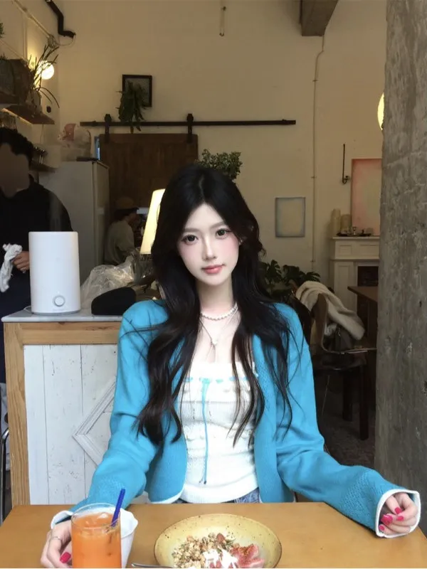 

Синий вязаный женский кардиган приталенного кроя, короткий комплект верхней одежды в корейском стиле, весенне-осенний дизайн, уникальный синий вязаный жилет