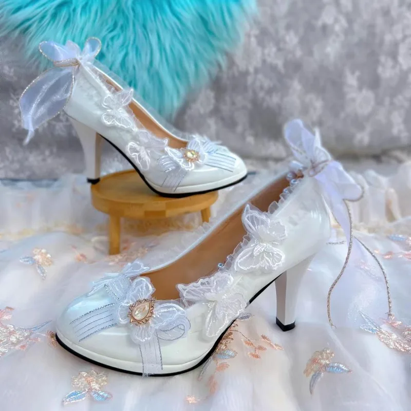 オリジナルロリータ靴手作りハイヒール甘いエレガントな多用途ロリボウティーパーティーライト高級 WomenShoes 結婚式の靴の花嫁