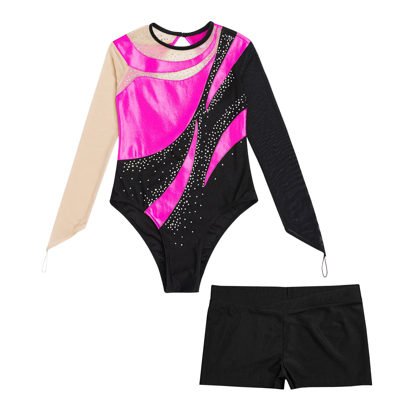 Kinder Mädchen Gymnastik Eiskunstlauf Outfit Patchwork Trikot Mesh Langarm Schlüssel loch Rücken Body mit V-Front Shorts