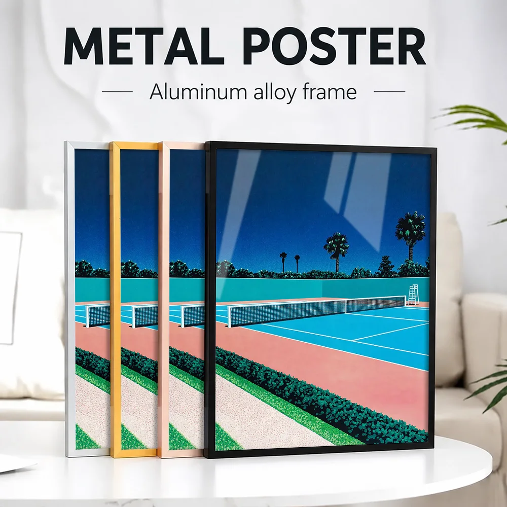Hiroshi Nagai Retro Tennis Court Framed Aluminum Metal Poster Customized Photo Modern Competition Style Wall Art For Clubhouse