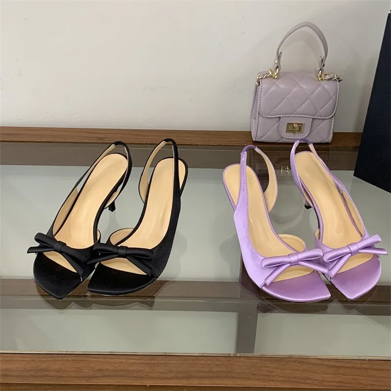 Hot Sale Women Shoes Satin Bow Design French Hollow Out Open Toe High Heels Summer Fashion Hot Selling Ladies Shoes