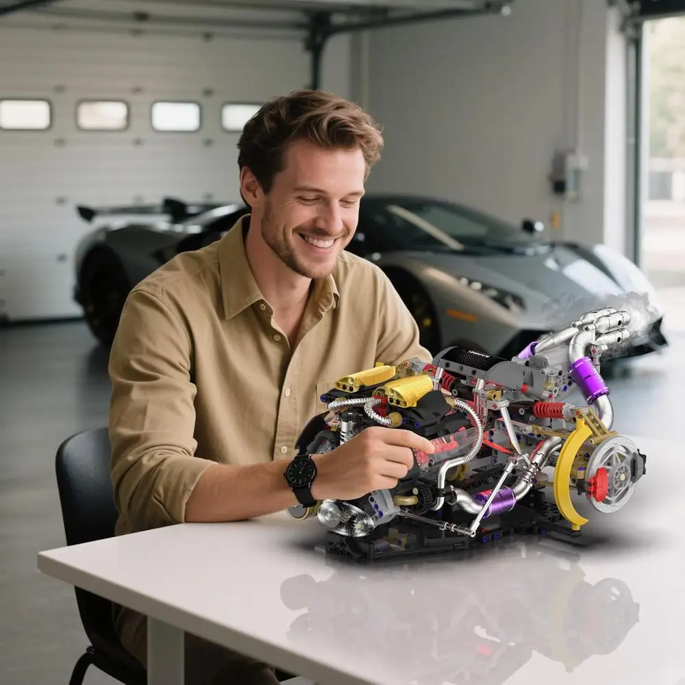 DIY V8 Engine Model Kit with 1394 Pieces, Functional & Illuminated, STEM Toy for Ages 8-14