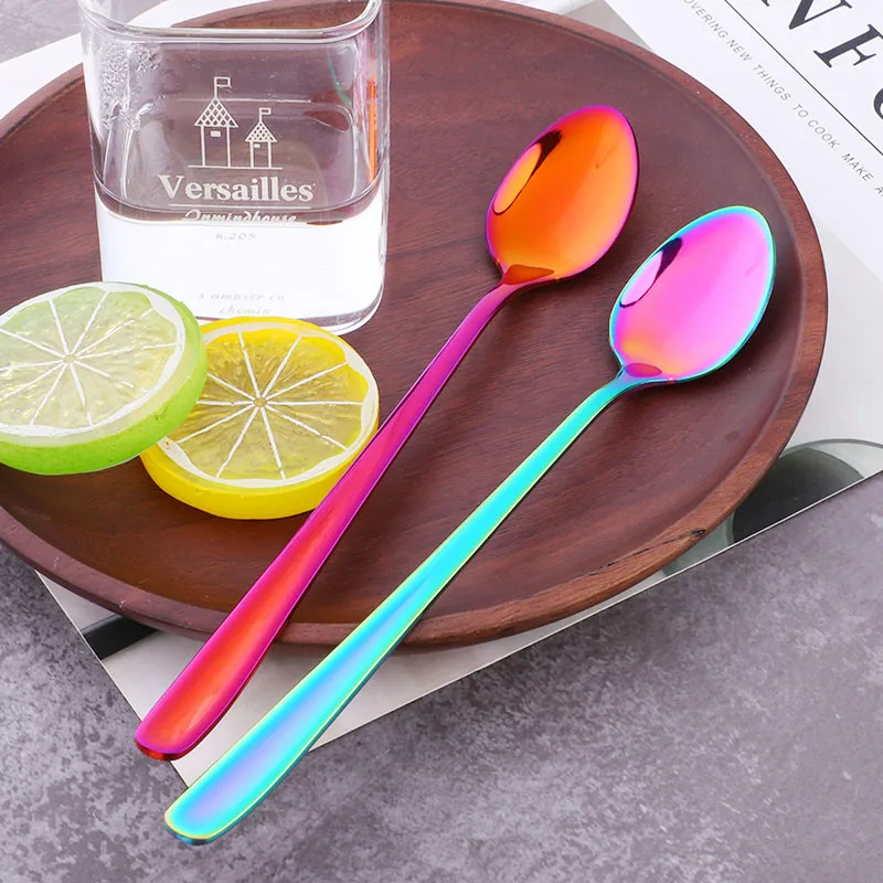 Buyer Star 8-Piece Stainless Steel Ice Cream Spoon Iridescent Rainbow Long Handle Dessert Tea Coffee Gold Colorful Scoops