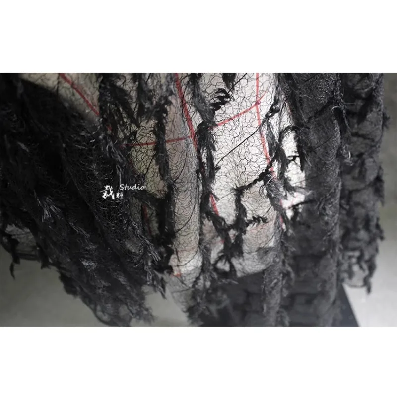 Light and Frivolous Original Irregular Hollow Black Textured Mesh Fabric Lace Composite Tassel Designer Fabric Modification