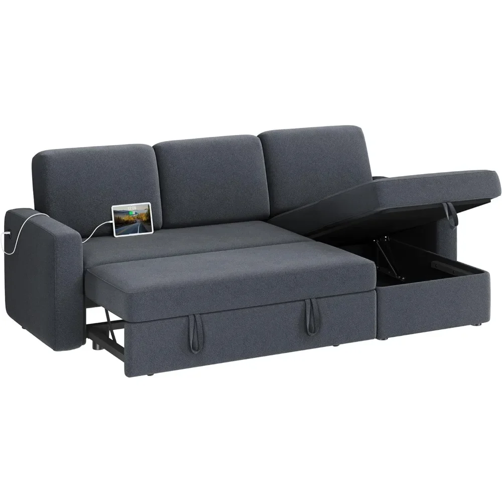 Sectional Sofa Couch Bed W/Chaise & USB, Reversible Couch Sleeper W/Pull Out Bed & Storage Space, Pull Out Couch, Sofa Bed