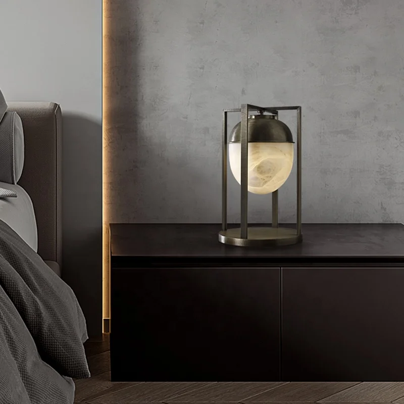 

Modern indoor light black metal alabaster marble ball night light