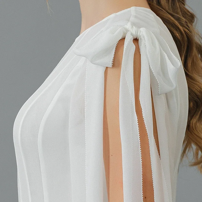 Voa smoothie branco dupla camada georgette seda amoreira renda solta-folha em torno do pescoço cintura plissado simples vestido de seda verão ae1623