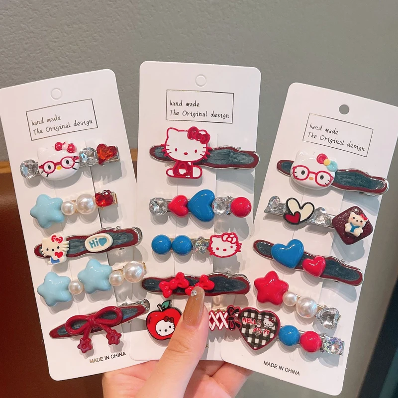 5Pcs Girl's Fashion Cute Cartoon Flash Diamond Hello Kitty Hair Pin Hairpin Girl Bangs Hair Accessories Child Forehead Hair Clip - Image 3