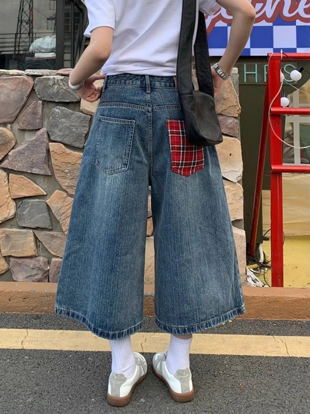 

plus Size Korean Design Plaid Pocket Wide Leg Denim Jeans Women Summer Loose Straight Cut Seven-Foot Pants Commute Style