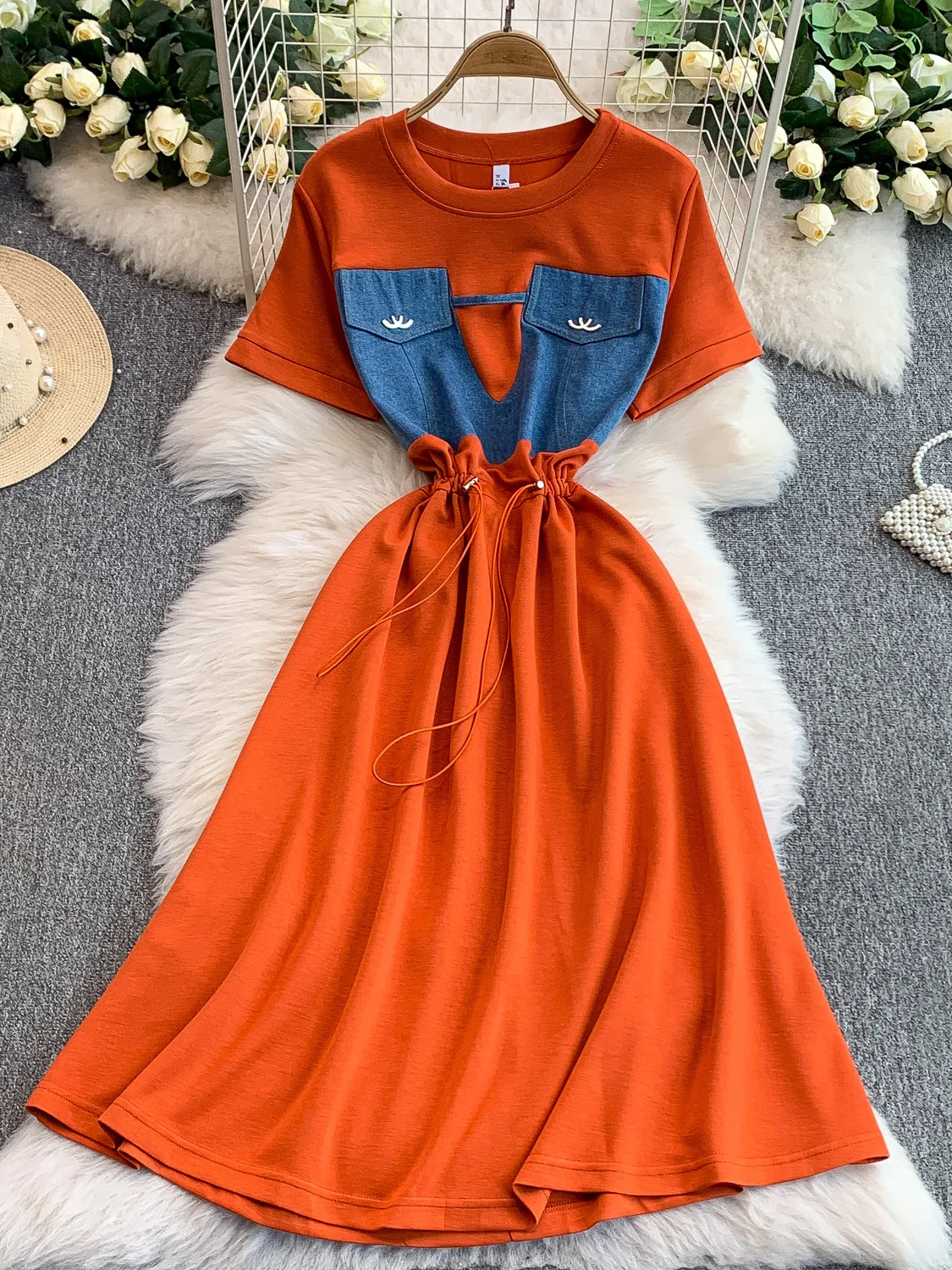 Coréen Sle rond Ne T-shirt Dr femmes taille haute Dstring minceur jupe longue décontracté trajet Patchwork été Dr