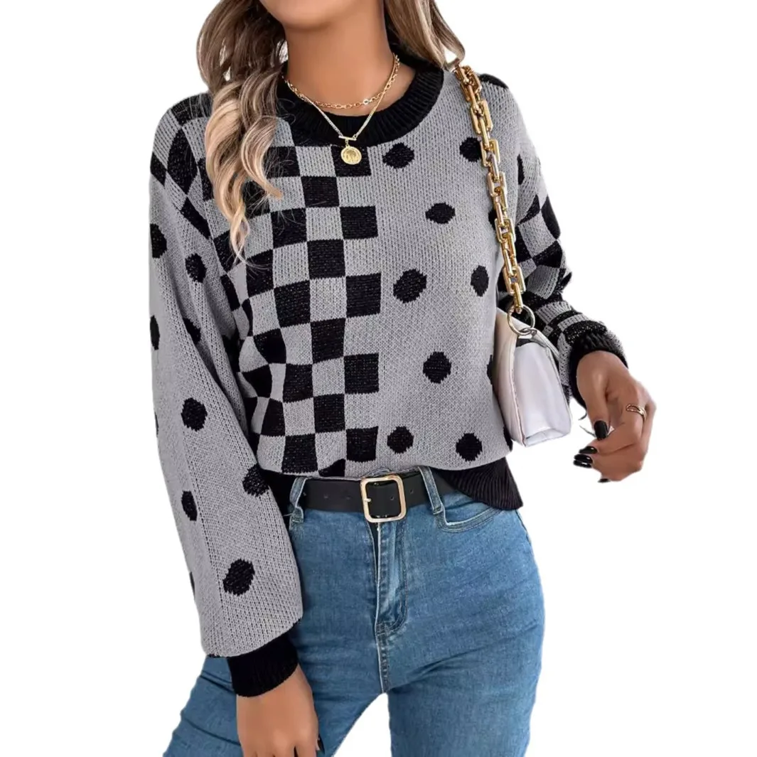 Sweater Polka Dot lengan lentera, 2024 Sweater Pullover lengan lentera kotak-kotak, warna kontras kasual musim gugur dan musim dingin