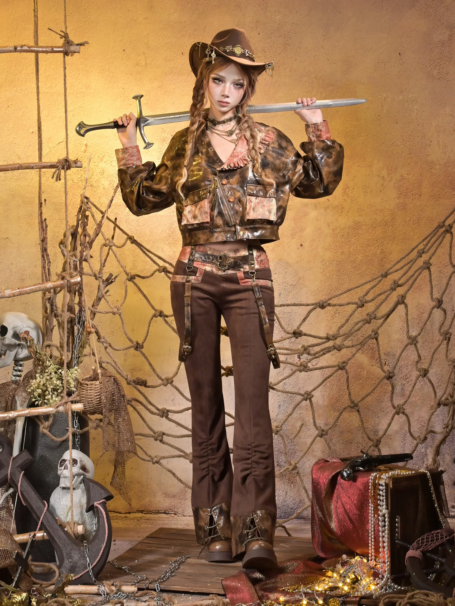 Original Elegant Lolita Cosplay Suit Punk Knitted Stitching Straps Stand-up Collar Lace Top Low Waist Retro Overalls Trousers