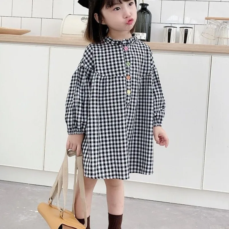 

Girls' 2025 New Arrival Stylish Black & White Check Korean Style Princess Dress for Spring/Autumn 4-12 Years Old