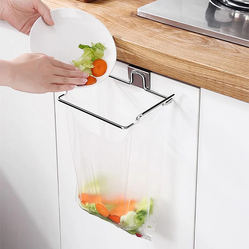 Stainless Steel Kitchen Trash Rack Cabinet Door Garbage Bags Holder Closet Garbage Storage Holder Towel Hanging Organizer