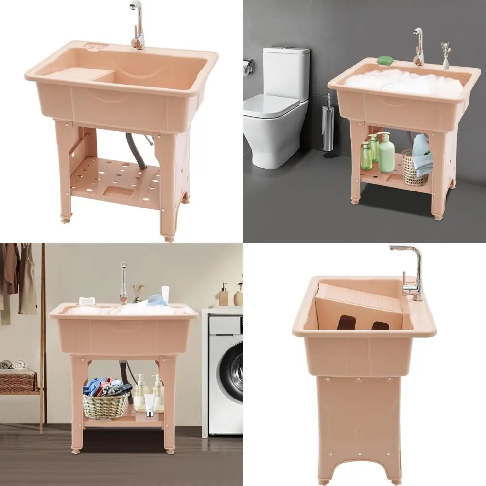 

Plastic Freestanding Laundry Sink with Washboard, Hot/Cold Faucet, Hoses, and Drain Kit for Home Utility Use