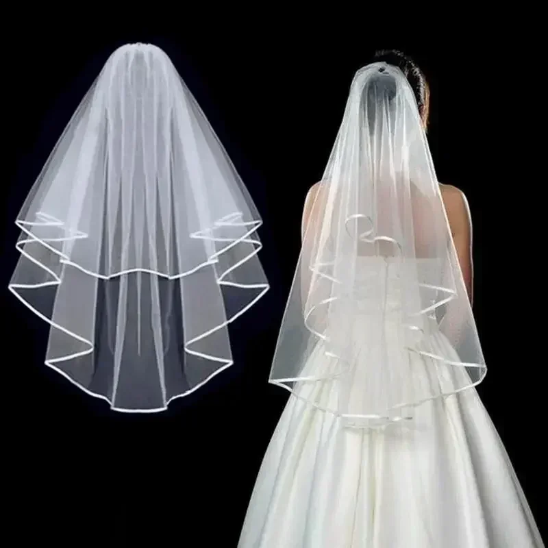 Wedding Simple Tulle White Color Two Layers Bridal Veil Ribbon Edge Cheap Bride Accessories Women Comb