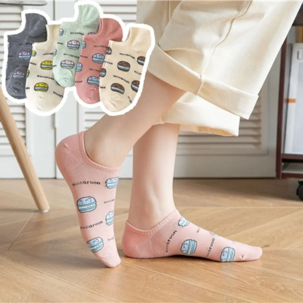 

5 пар носков до щиколотки в корейском стиле с сердечком и цветком, женские чулочно-носочные изделия с гамбургером, короткие носки с изображением любви, противоскользящие хлопковые женские носки для девочек