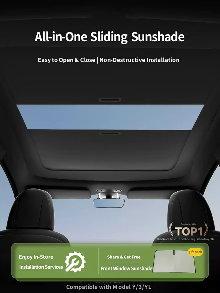 For Tesla Model YL/Y/3 2024-2026 one-piece push-pullSunroof Sunshade Buckle Design Heat Insulation Anti-UV Interior Accessories