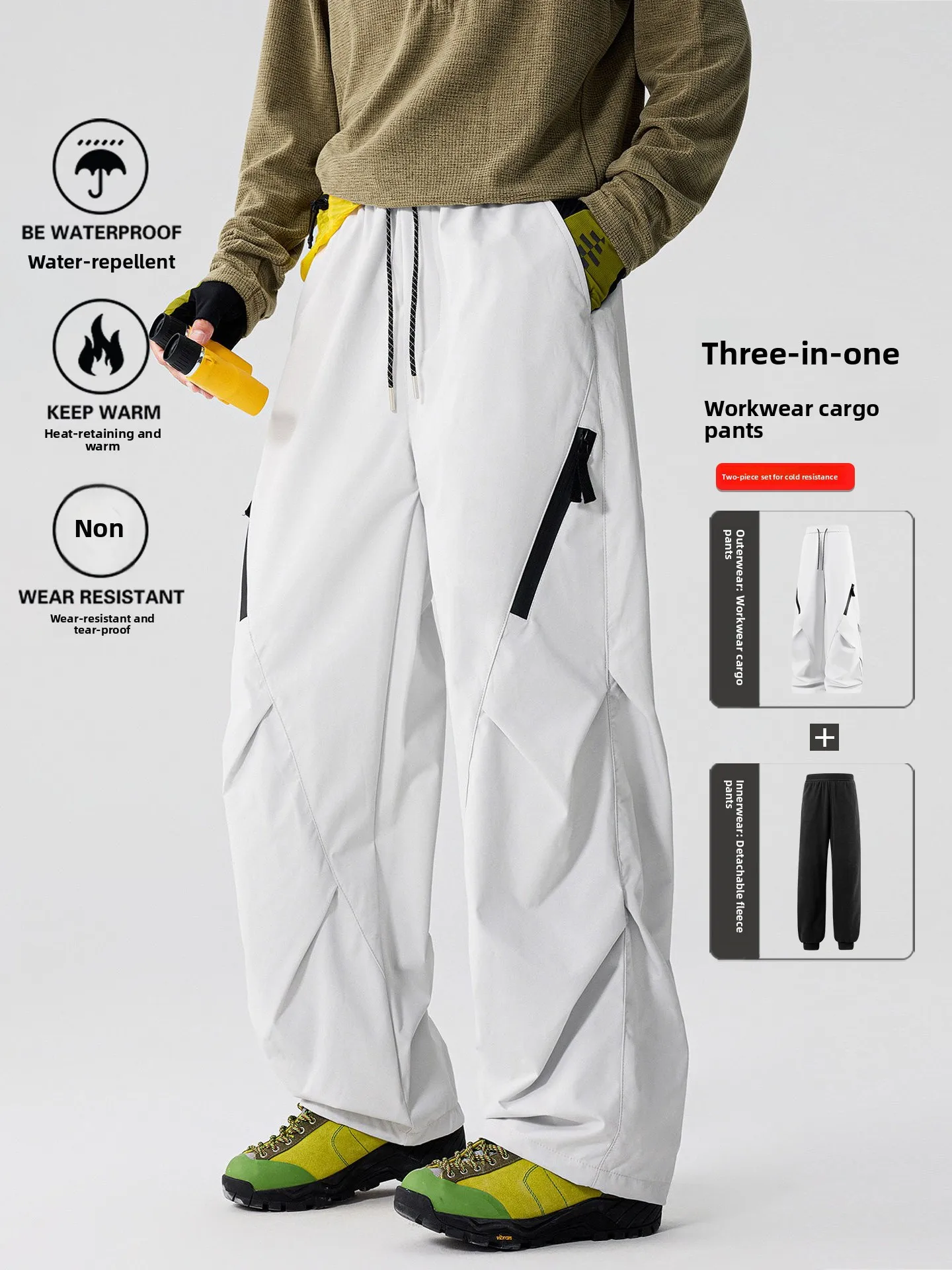 Three-in-One Detachable Soft  Men's Outdoor Hiking Pants Windproof Waterproof Straight Leg Workwear Trousers Unisex