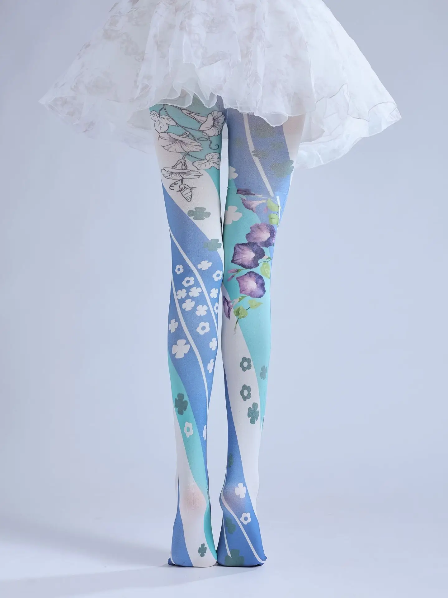 Lolita azul florista espiral impressão meia-calça, bonito Cos distintivo Base meias, desgaste exterior