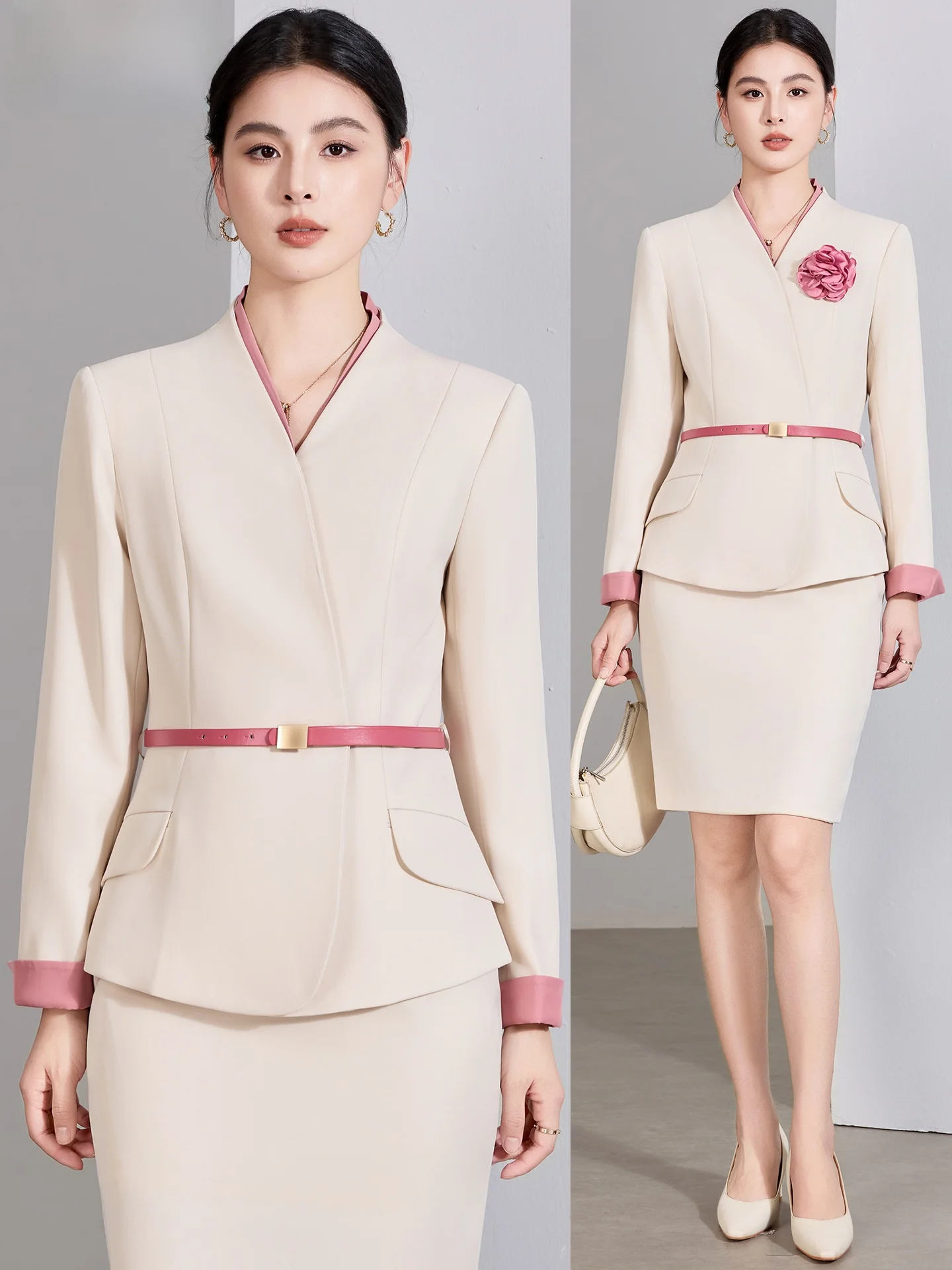 

Cherry Blossom Color Women's Suit Set Profional Front Desk Hotel Reception Beau Salon Work orm Polyester Fiber